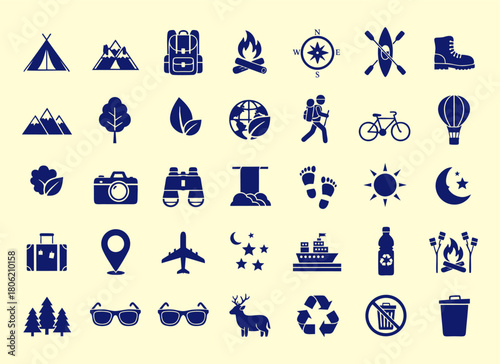 icon set silhouette mono color vector pictograms of eco-tourism, tent, backpack, campfire, compass, kayak, hiking, travel black sign silhouette illustration