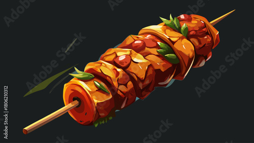 Close-up of a rich, flavorful kebab skewer with crispy edges and vibrant spices, captured in dramatic lighting on a deep black background for a premium food portrait