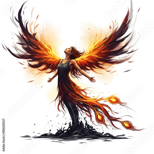 Woman with fiery wings stands triumphantly in a dark dress a symbol of rebirth on transparent background