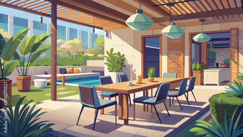 A clean and modern dining area styled with natural materials, soft lighting, and a refreshing outdoor courtyard scene