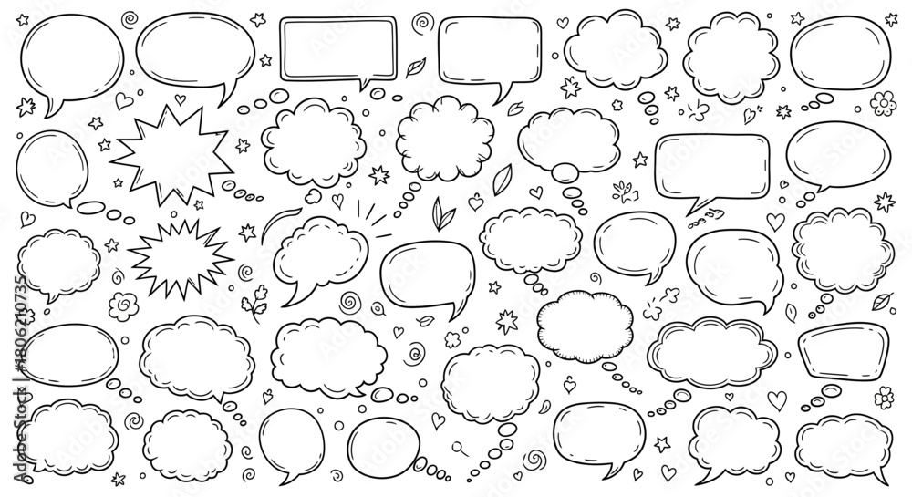 Obraz premium Hand drawn speech bubbles and thought bubbles collection in black and white