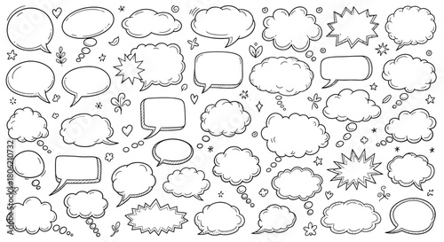 Hand drawn speech bubbles and thought bubbles collection in black and white