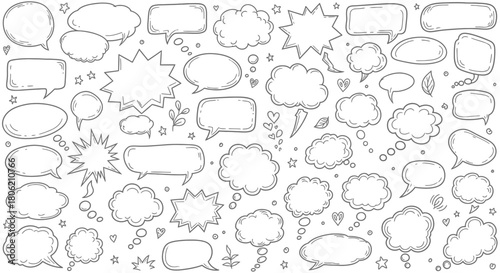 Collection of hand drawn speech bubbles and thought bubbles in various shapes and sizes