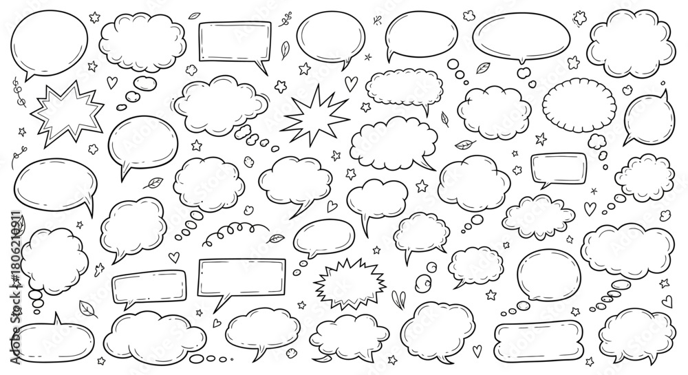 Fototapeta premium Hand drawn speech bubbles collection with various shapes and styles on white