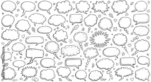 Hand drawn speech bubbles and thought bubbles collection with doodle elements