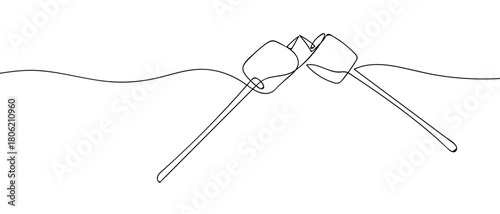 Grilled marshmallows on a stick, in one continuous line. one line drawing. Editable stroke.