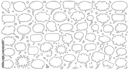 Hand drawn speech bubble collection with doodle elements for creative design projects