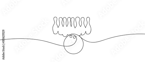 Bowling balls and bowling pins in one continuous line. one line drawing. Editable stroke.