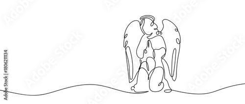 Angel with hands together in one continuous line one line drawing. Editable stroke.