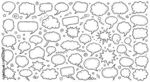 Hand drawn speech bubbles and thought bubbles collection in black and white