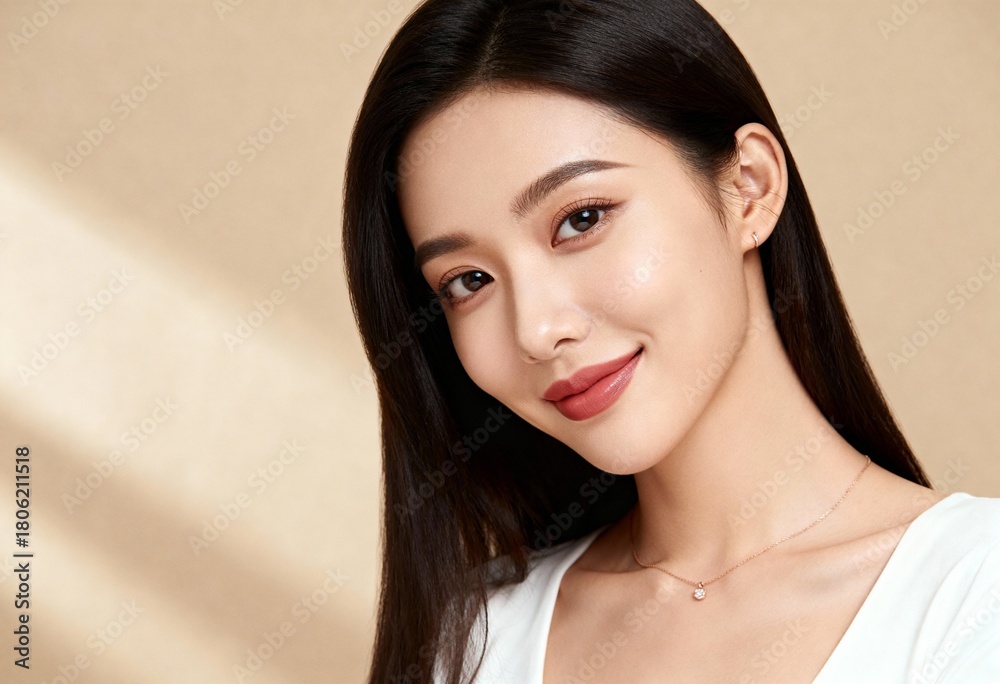 Naklejka premium minimal fashion portrait of a confident woman in white top with copyspace backdrop