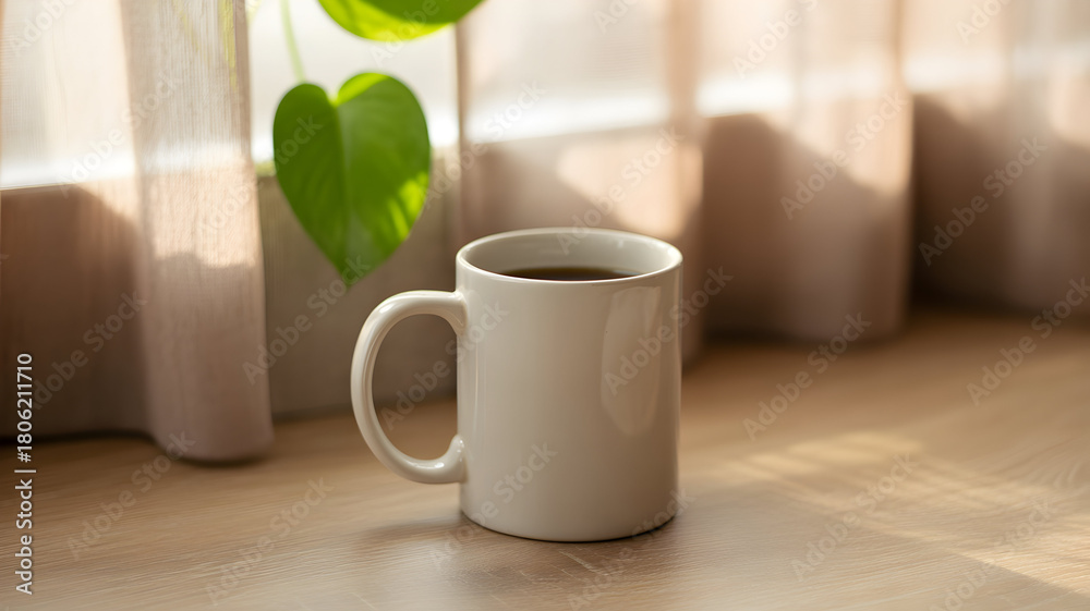 Fototapeta premium Warm mug of coffee on a wooden table near a window with sheer curtains