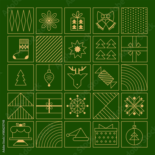 Minimal Christmas icon set in gold line style on green. Geometric holiday symbols perfect for cards, packaging, patterns, and modern festive design projects.