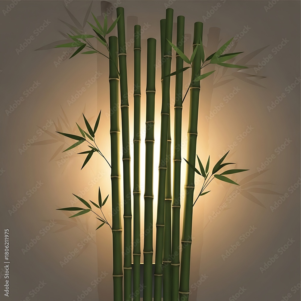 Naklejka premium Green bamboo stalks with leaves and bright illumination backdrop texture