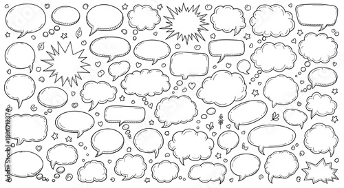 Hand drawn speech bubbles and thought clouds collection in black and white
