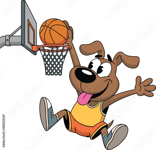 Funny cartoon basketball dog dunking ball, energetic sporty animal character illustration, playful athletic mascot artwork for kids and sports themes