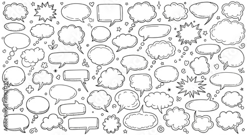 Hand drawn speech bubbles and thought balloons collection in black and white