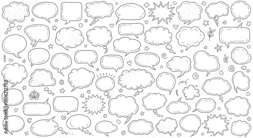 Hand drawn speech bubbles and thought clouds collection on white background