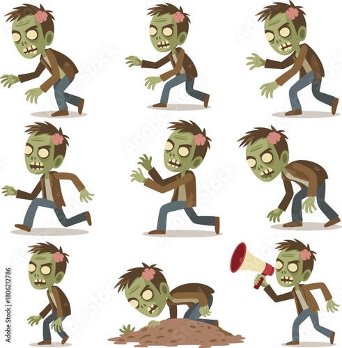 Funny cartoon zombie character animation poses set with walking, running, crawling, rising from ground, humorous undead creature illustration for Halloween design
