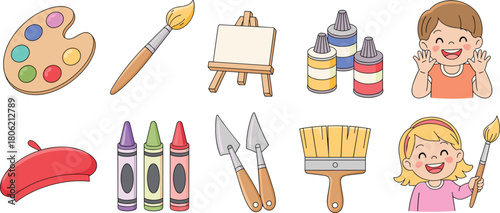 Cute kids and colorful art supplies illustration including palette, brushes, crayons, paint bottles, canvas easel, creative drawing cartoon design