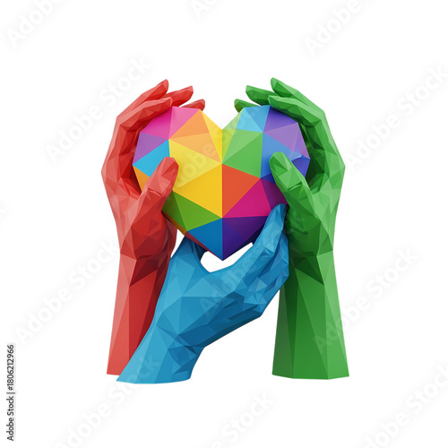 Colorful polygonal heart held by red blue and green hands against a on transparent background
