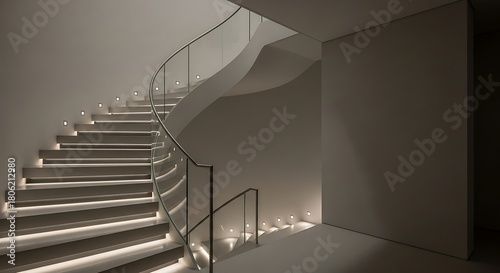 Illuminated spiral staircase with glass balustrade in modern interior