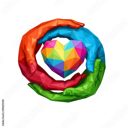 Colorful geometric heart held by four hands illustration on transparent background
