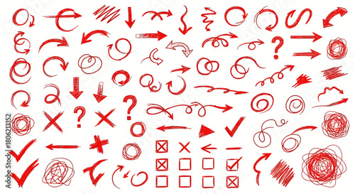 Hand drawn red arrow and symbol collection on white background for design