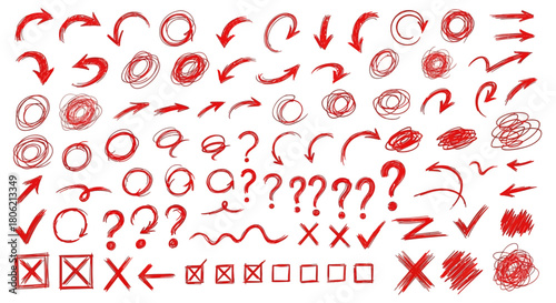 Hand drawn red arrows circles checks crosses questions and boxes collection