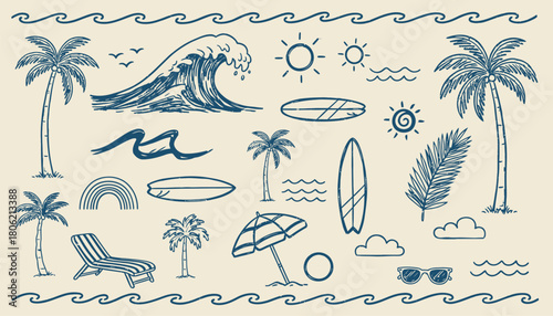 A summer-themed hand-drawn doodle collection featuring palm trees, ocean waves, surfboards, suns, beach umbrellas, chairs, clouds, sunglasses, and tropical elements. Perfect for vacation designs, beac