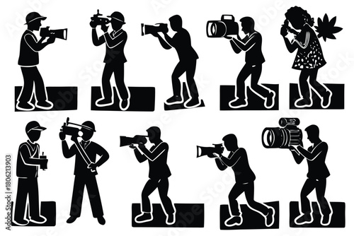Collection of videographers and photographers silhouette isolated on white background