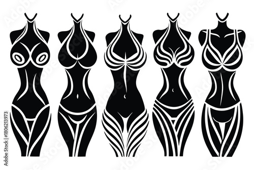 Five female torso silhouettes in swimwear isolated on white background