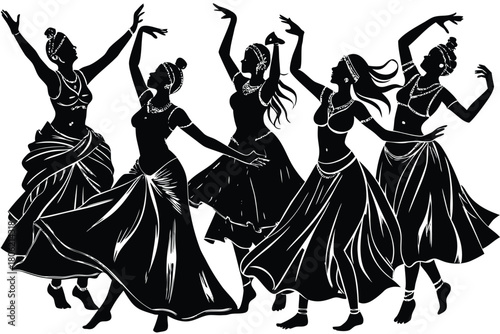 Group of indian dancers in traditional attire silhouette isolated on white background