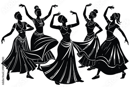 Five indian dancers in traditional attire silhouette isolated on white background