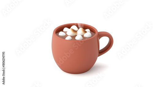 cozy 3d rendered hot chocolate mug topped with fluffy white marshmallows on clean white background, warm winter drink illustration