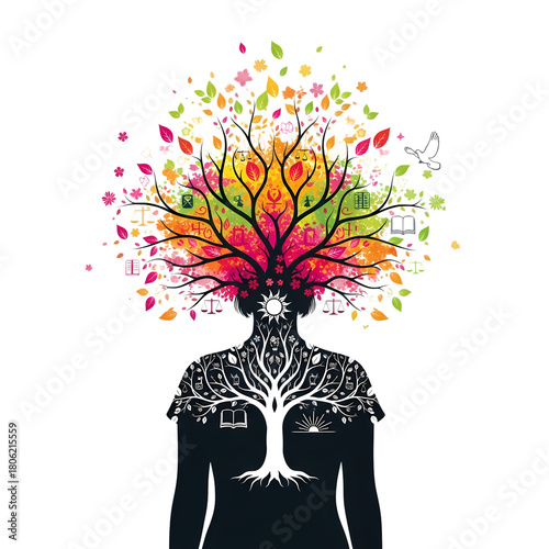 Colorful tree of knowledge illustration with scales of justice and open book icons on transparent background