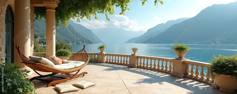 Naklejka premium Villa terrace with hammock overlooks blue lake and mountains. Rich green trees shade the stone patio. Sunny weather creates peaceful Italian vacation scene. Relaxation awaits.
