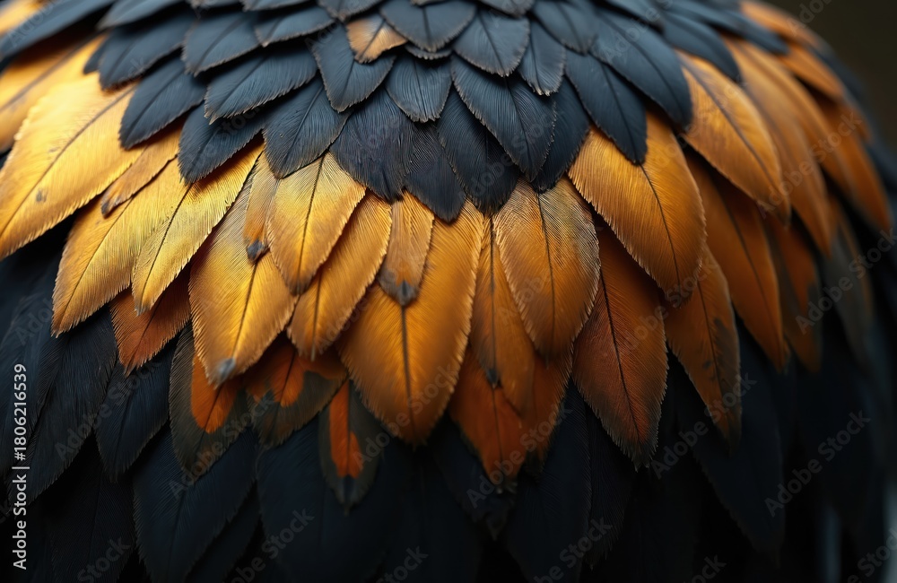 Obraz premium Dramatic plumage of eagle with layered feathers in golden and black. Sharp edges of each feather visible. Wildlife bird close up shows wild avian nature background. Animal detailed abstract pattern.