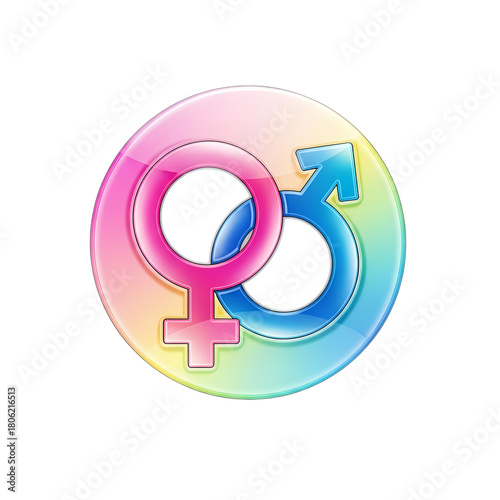 Gender symbols in pink and blue represent male and female identity and relationships on transparent background