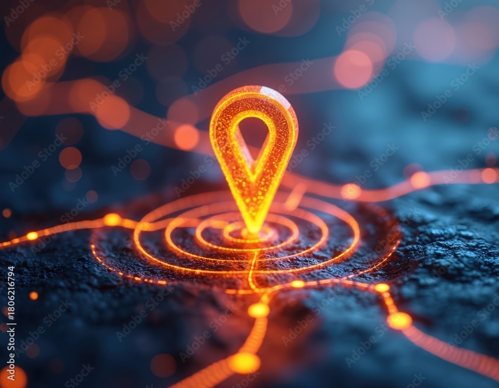 Fototapeta premium Glowing map pin with light trails represents destination. Location icon points travel route on abstract terrain. GPS navigator shows geographic position. Digital pointer marks spot and direction.