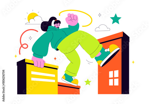 Parkour Sports Illustration Featuring Young Men Leaping Over Walls And Barriers In an Urban Cityscape With Buildings and Streets in the Background