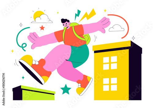 Parkour Sports Illustration Featuring Young Men Leaping Over Walls And Barriers In an Urban Cityscape With Buildings and Streets in the Background