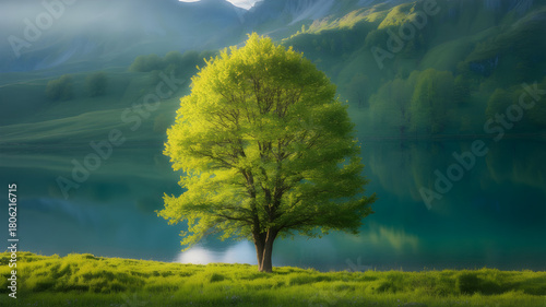 Fototapeta Naklejka Na Ścianę i Meble -  Solitary lush green tree standing tall in a misty meadow