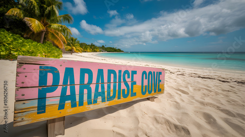 Colorful paradise cove sign on a sandy tropical beach with turquoise ocean