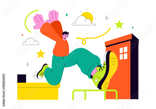 Parkour Sports Illustration Featuring Young Men Leaping Over Walls And Barriers In an Urban Cityscape With Buildings and Streets in the Background
