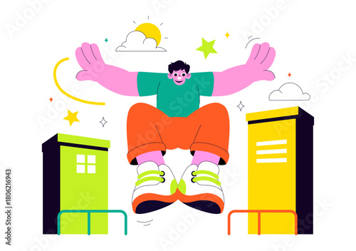 Parkour Sports Illustration Featuring Young Men Leaping Over Walls And Barriers In an Urban Cityscape With Buildings and Streets in the Background