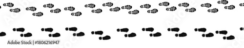 Black silhouette footprints are arranged in two parallel rows on a white background. The top row shows detailed shoe treads, while the bottom row features blurry, less defined imprints.