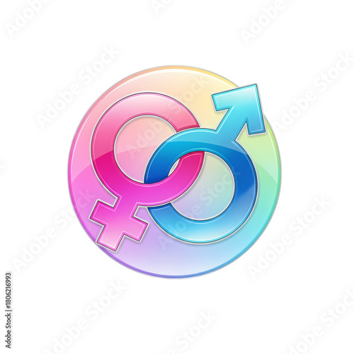 Gender symbols interlocked representing equality and relationships on a colorful background on transparent background