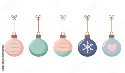 A cute vector set of five hanging Christmas ornament balls in pastel colors. Designs include stripes, solid colors, a snowflake, and a heart. Perfect for holiday designs