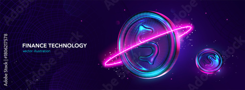 Futuristic finance technology. Fintech innovations. Cryptocurrency and Blockchainvconcept with glowing digital coins, neon lights, and virtual currency symbol